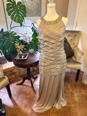 Beaded Neckline Ruched Maxi Dress - Champagne